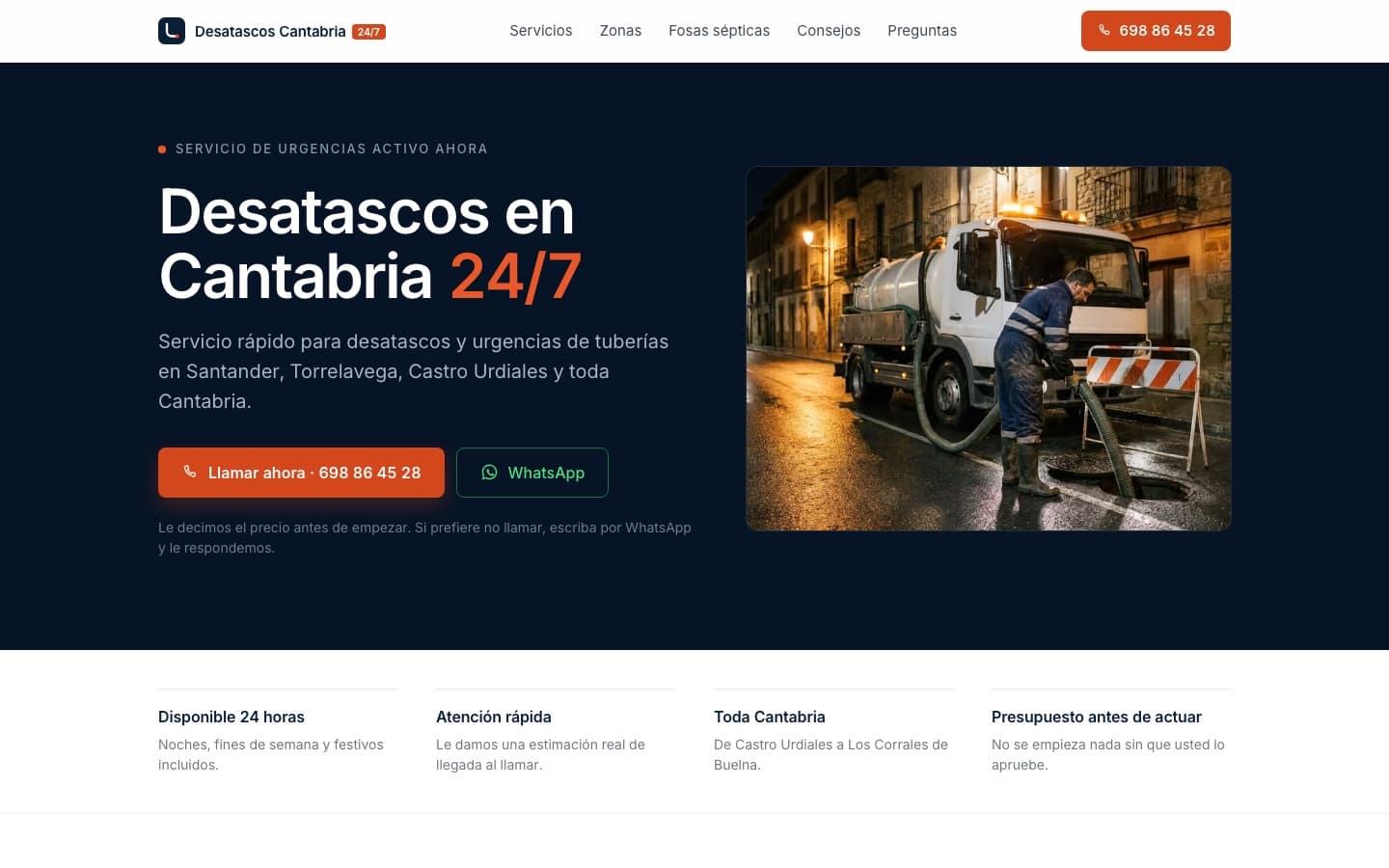 Web de Desatascos Cantabria 24/7, urgencias · toda cantabria